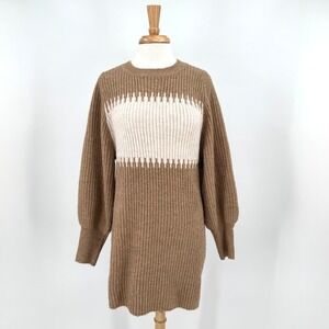 Midnight Sun Tan/Cream Ribbed Knit Balloon Sleeve Colorblock Sweater Dress